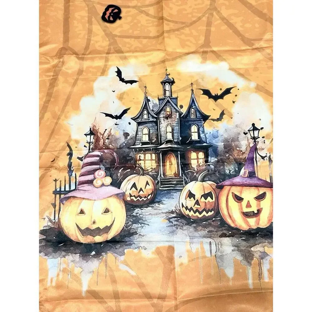 NEW Round Tablecloth Halloween Theme Orange Black Lining Pumpkins Spiders Bats